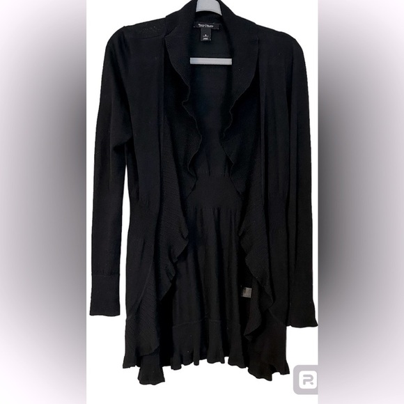 White House Black Market Cardigan Open Front Black Silk Blend Ruffled Hem Size S - Picture 1 of 8